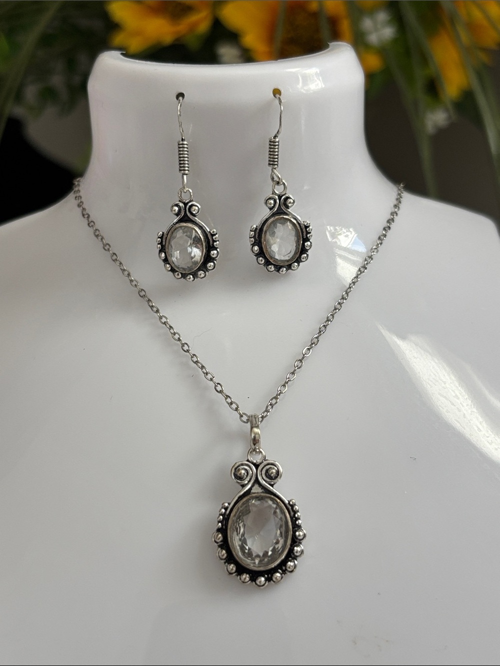 White Topaz Gemstone Ethnic Handmade Pendant Necklace & Earrings Set